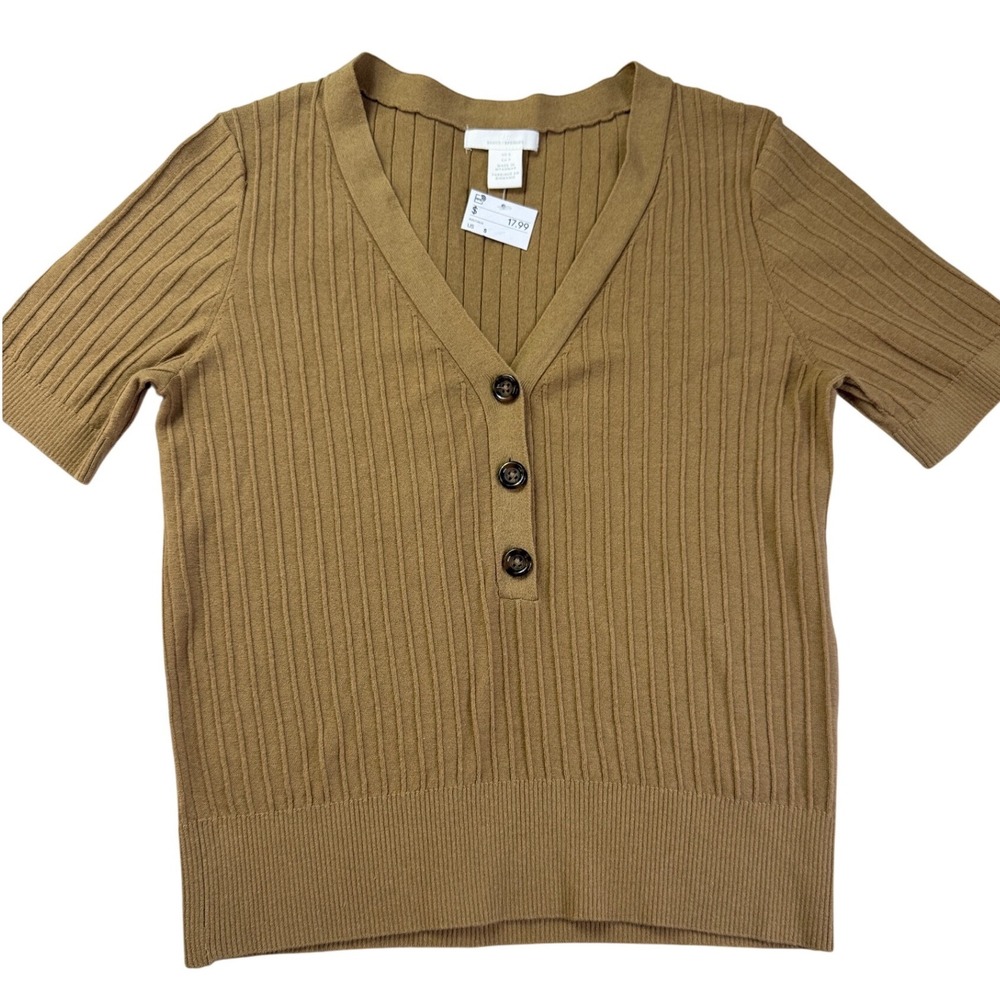 HM Basics Ribbed Knit Short Sleeve V-Neck Button Top Camel Brown Small boho